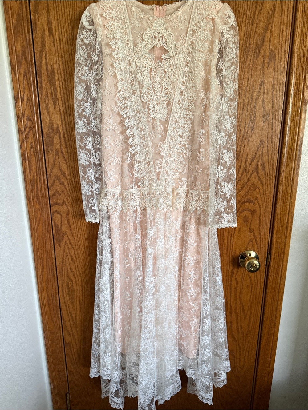 Vtg Scott McClintock Ivory Wedding Dress Victorian Lace Over Pink Slip Size 6